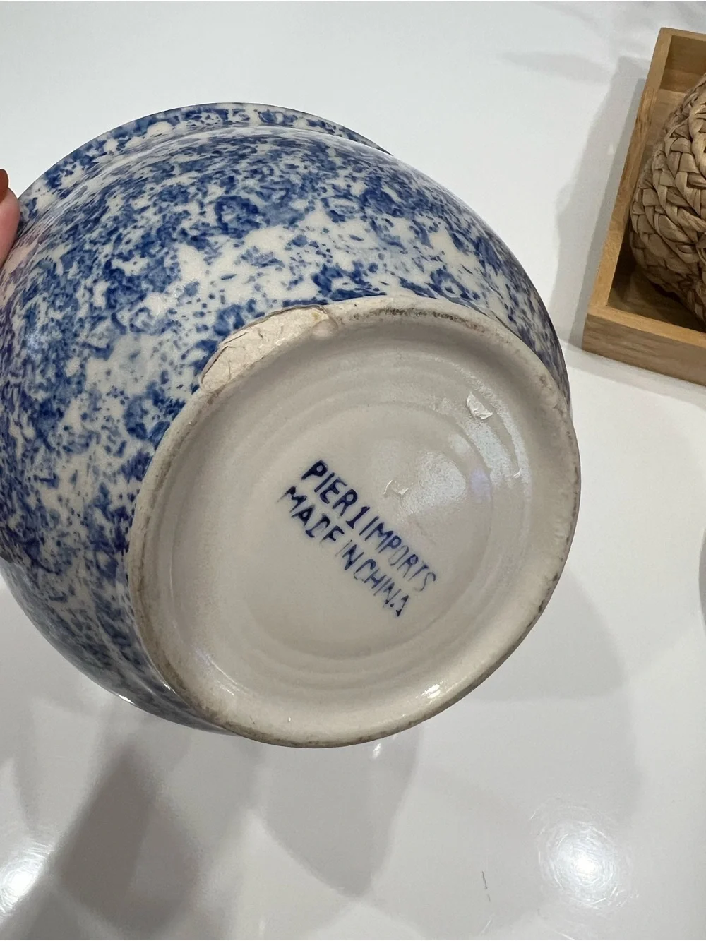 Pier 1 Blue and Cream Speckled Ceramic Serving Bowl